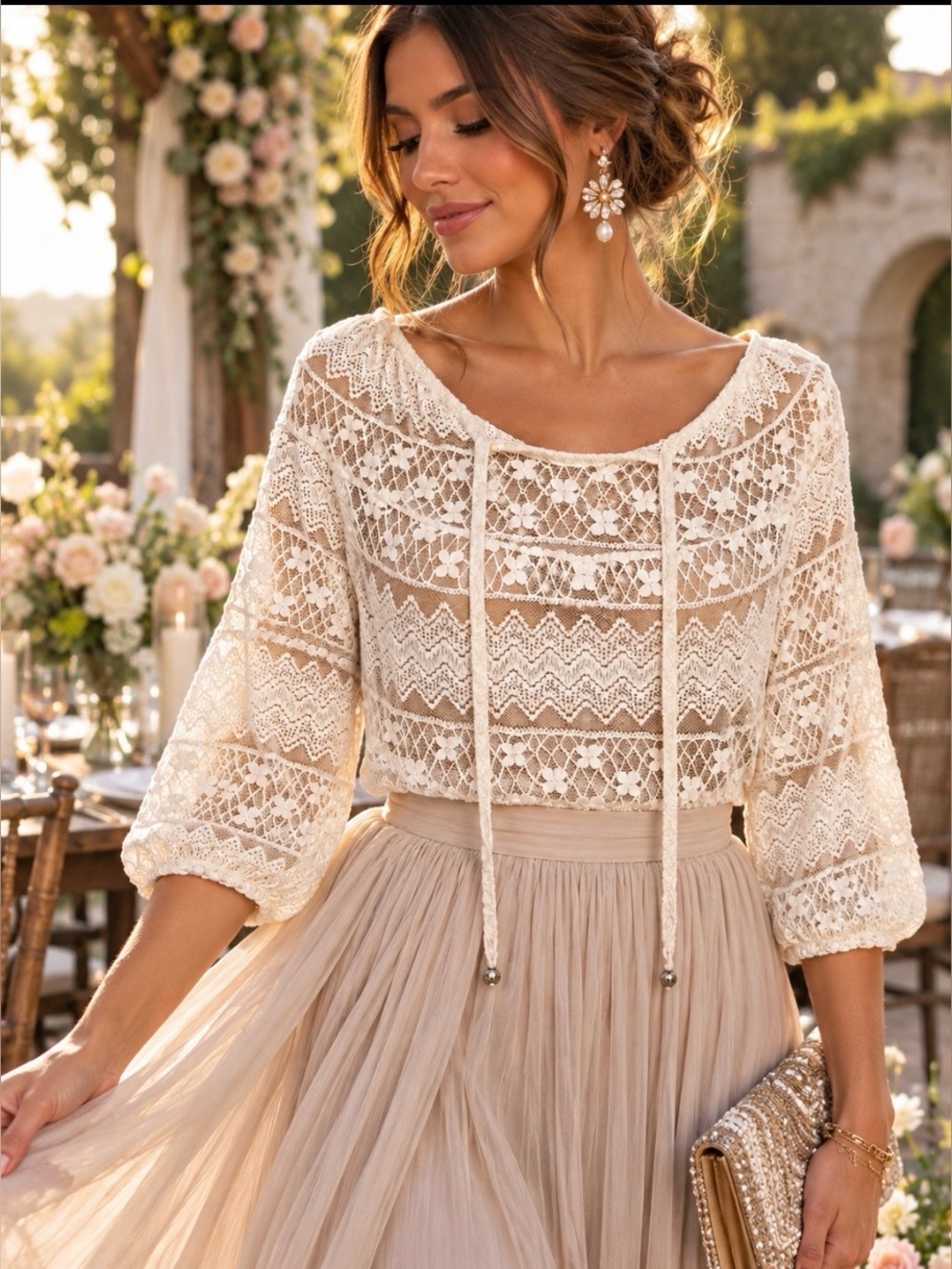 Vintage Y2K Wet Seal Boho Romantic Hippie Lace Peasant Top - Cream Crochet